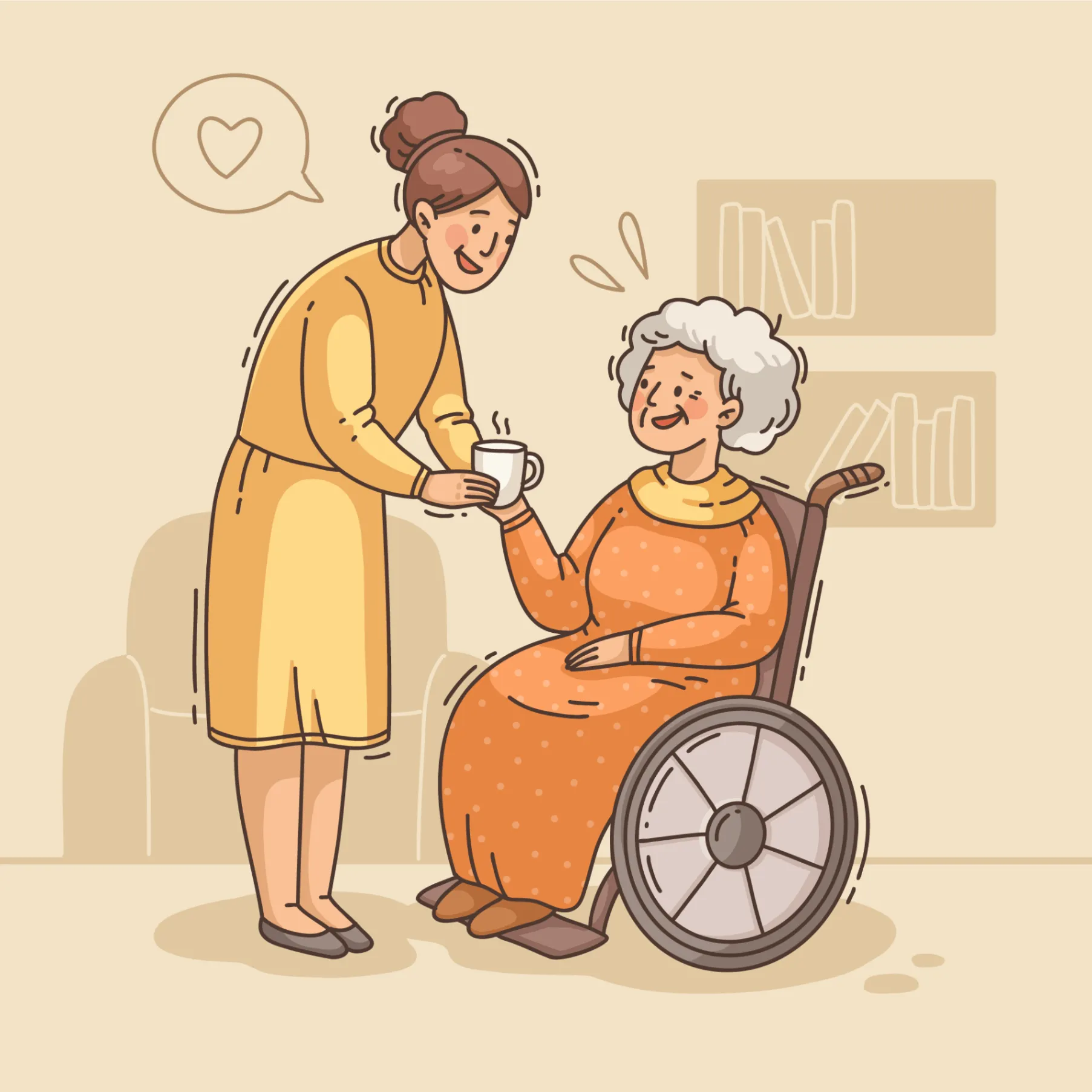 ご利用者様に買い物のお手伝いをするヘルパーのイラスト